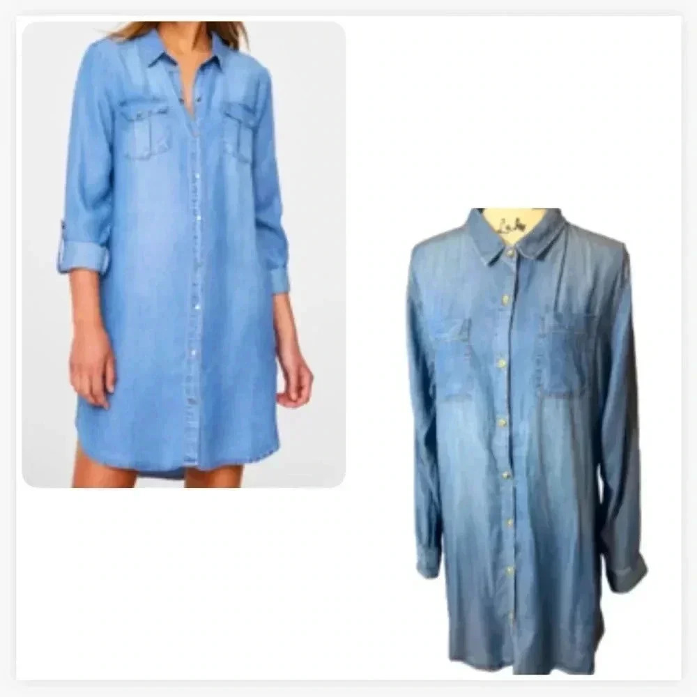 Young hearts run free blue denim shirt dress  button front split side nwt large‎